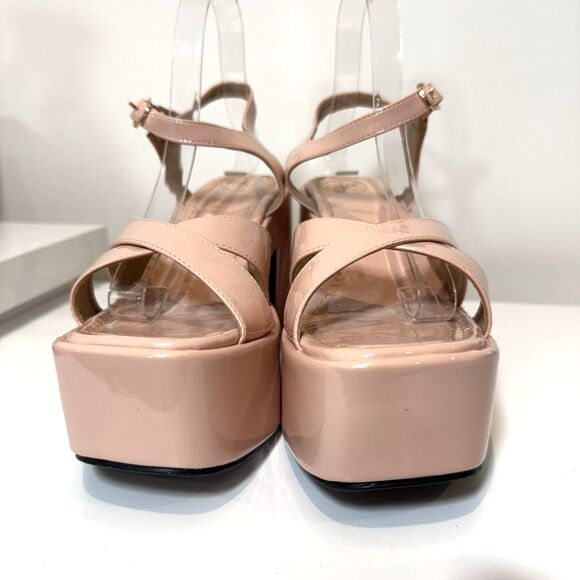 MKS Platform Sandals Pink Blush Nude Retro 70s Chunky Patent Leather 8 - Picture 3 of 9